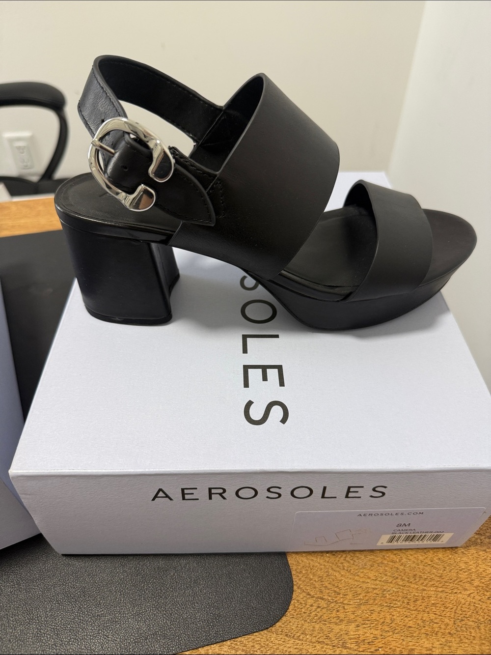 AEROSOLES Black Platform Block Heel Sandals with Silver Buckle